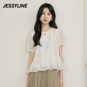 杰茜莱荷叶边泡泡袖掐腰衬衫女短袖上衣 jessyline
