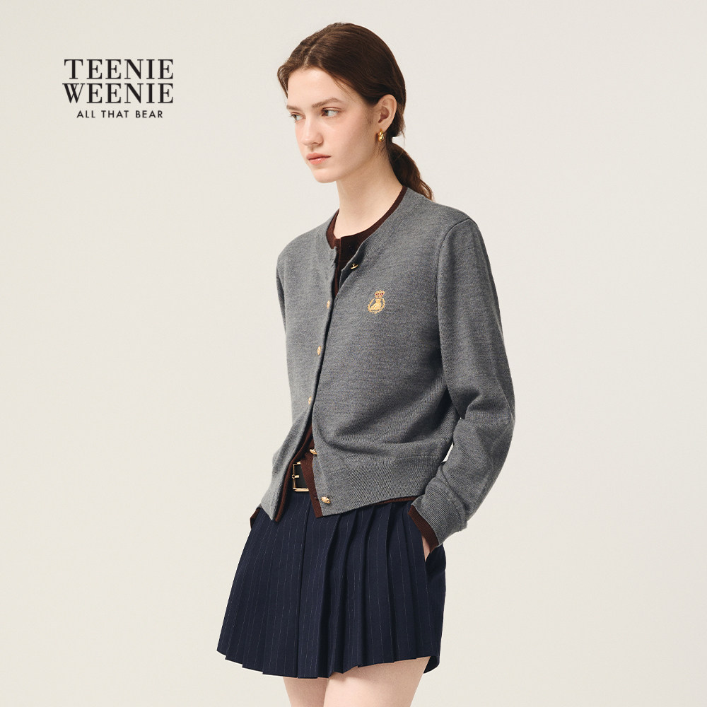 TeenieWeenie小熊女装针织衫2025年秋季新款撞色拼接假两件开衫