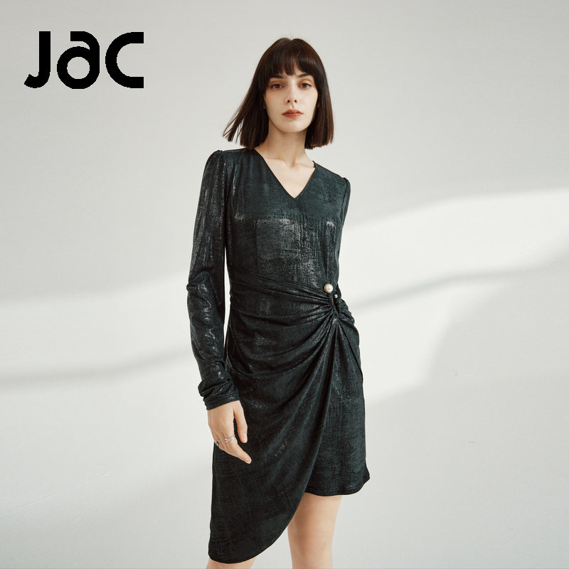 JAC女装春裙子长袖中长收腰不规则连衣裙ADC190091