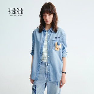 TeenieWeenie小熊女装衬衫2025秋季时髦复古宽松刺绣牛仔上衣