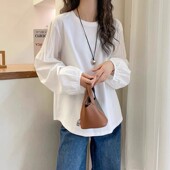 上衣女 衬衫 韩系袖 子捏折上衣纯棉简约温柔圆领宽松纯色休闲泡泡袖