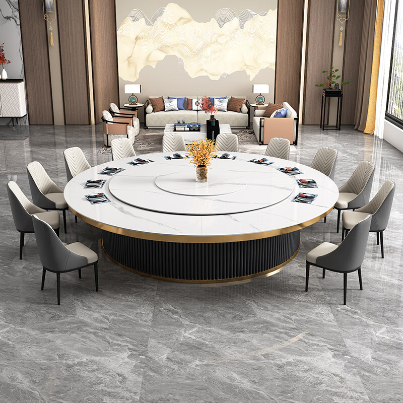 轻奢酒店岩板餐桌饭店包厢大圆桌会所电动旋转可定制电磁炉火锅桌
