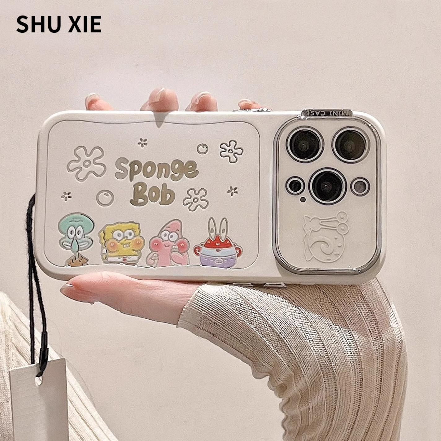 海绵宝宝适用苹果15promax手机壳新款16大视窗高级感14卡通可爱12带镜头膜13全包防摔iphone15pro小众女款11