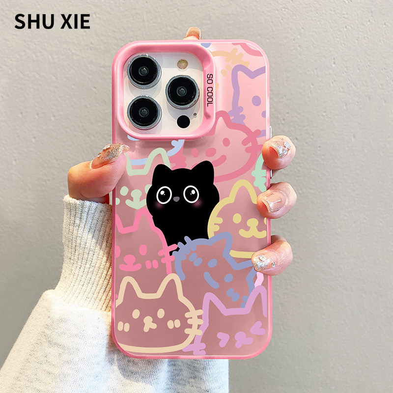 黑色猫咪适用苹果16手机壳iphone14promax卡通可爱女款13pro小众15高级感12全包防摔11超薄散热硅胶max保护套