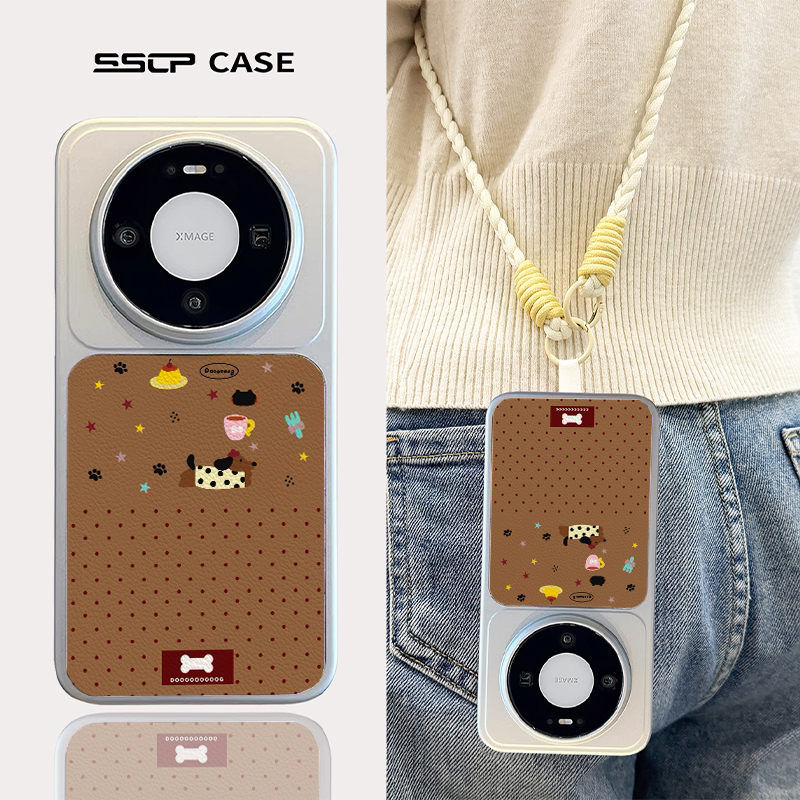 夏天斜挎适用华为mate80promax手机壳新款pura70pro腊肠狗可爱卡通mate70pro挂绳p80女棕色保护套防摔60pro+