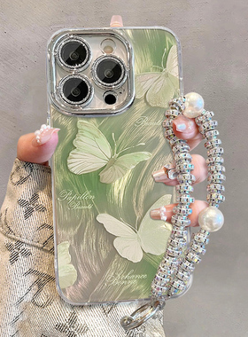 闪粉羽纱绿色蝴蝶适用苹果15手机壳新款14promax全包镜头膜iphone13小众高级感12带手链plus水钻挂绳女款11套