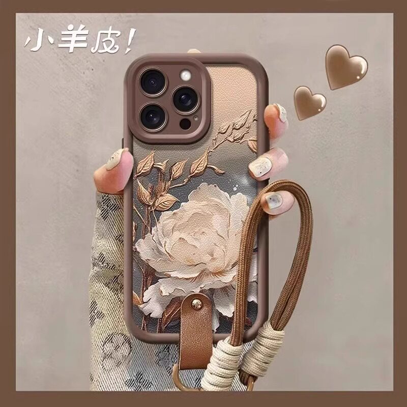 适用苹果16promax手机壳iPhone15promax中国风女款14咖色小羊皮13pro秋冬美拉德11腕带挂绳12全包防摔plus套