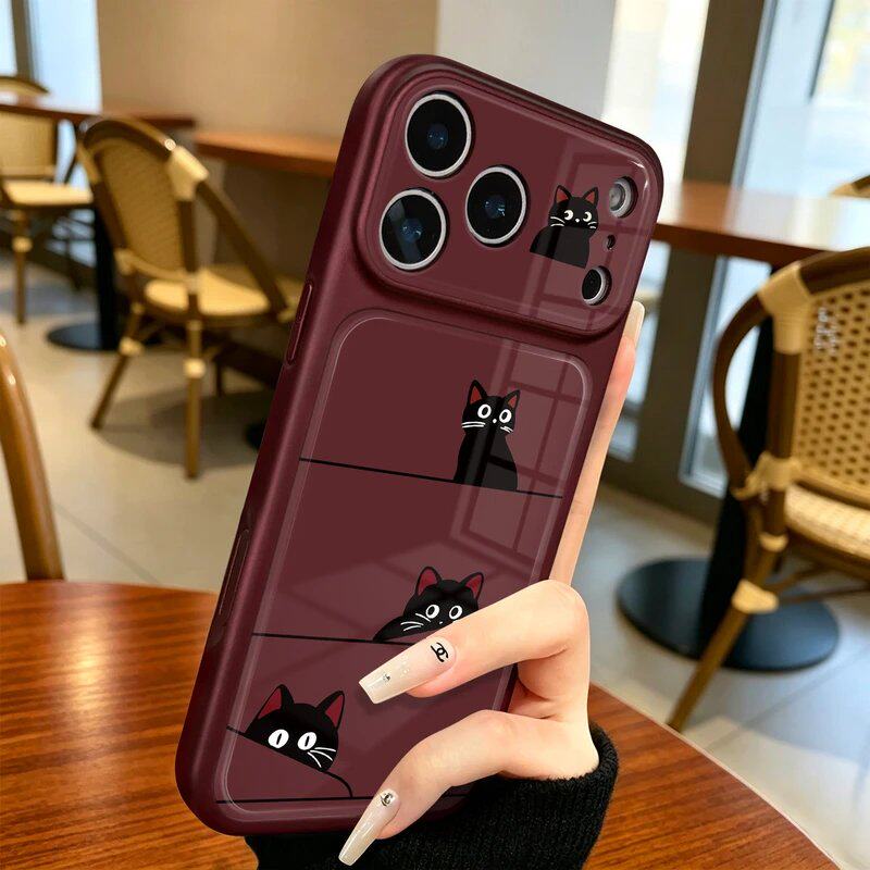 可爱黑猫适用苹果iPhone18Promax手机壳新款勃垦地红17Pro多巴胺色硅胶16/15pm卡通防摔14女简约17玻璃防摔