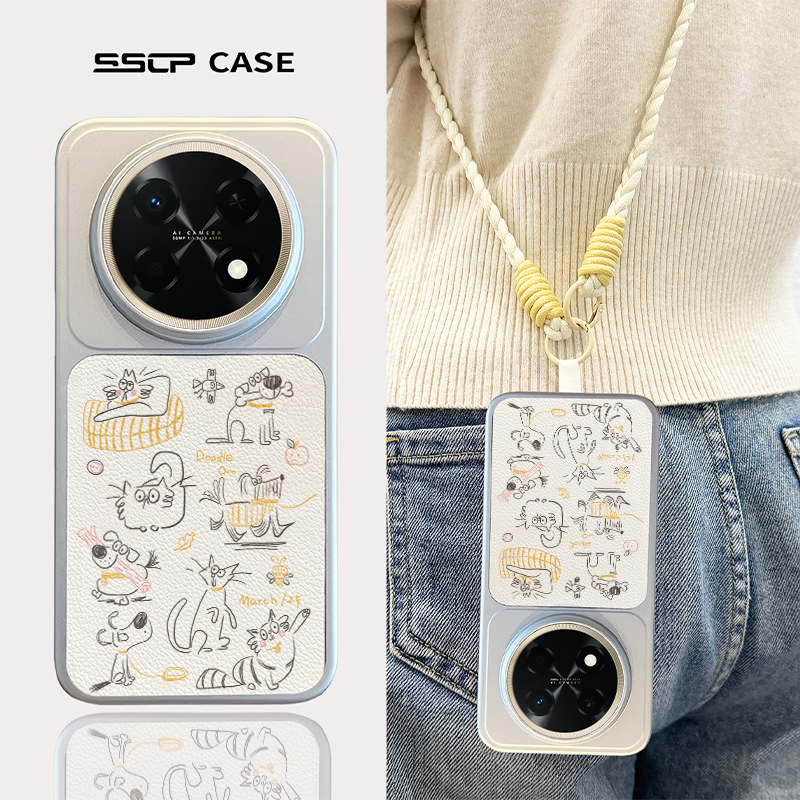 适用华为畅享90promax手机壳新款90plus可爱卡通畅享90高级感小羊皮女夏天斜挎挂绳保护套全包硅胶防摔简约猫