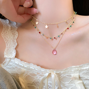 vintage中古多层叠戴项链女夏天轻奢小众锁骨链气质海边颈链配饰