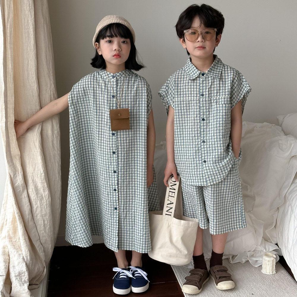 儿童宽松格子连衣裙兄妹装2024夏装新款男女童韩版短袖短裤两件套