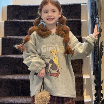 尖子蛋韩系童装2025冬季新款女童上衣毛领印花中长款套头加绒卫衣