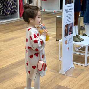 女童甜美可爱韩系爱心针织毛线连衣裙2024秋下摆开叉长款套头毛衣