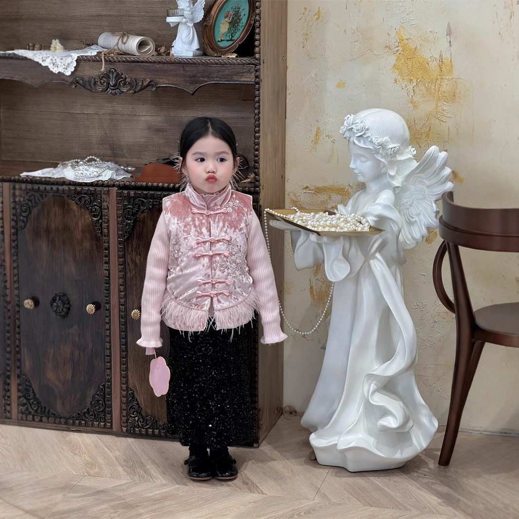 中国风女童新中式国风刺绣亮片粉色丝绒马甲拜年服内搭裙子单拍,童装/婴儿装/亲子装,旗袍,淘宝优惠券,粉丝福利购,淘宝优惠卷