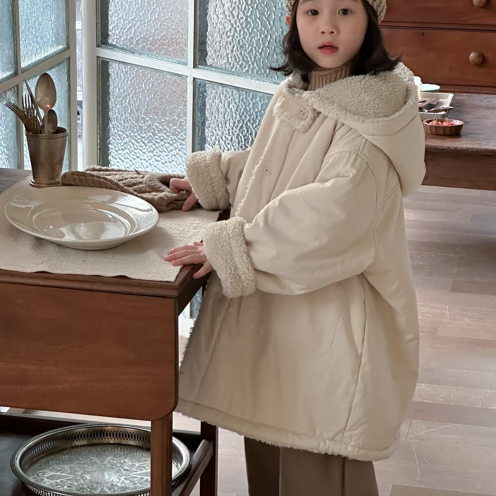 女童领口毛毛外套韩系纯色宝宝大衣冬款童装儿童加厚连帽长款棉衣