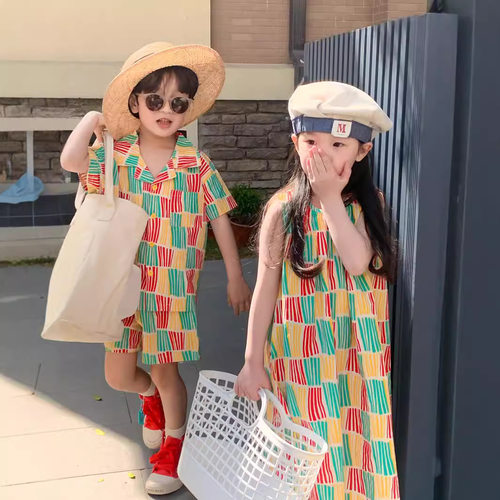 2026夏款韩版童兄妹撞色套装