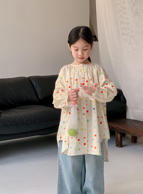 女童韩版彩色圆点中长款衬衫