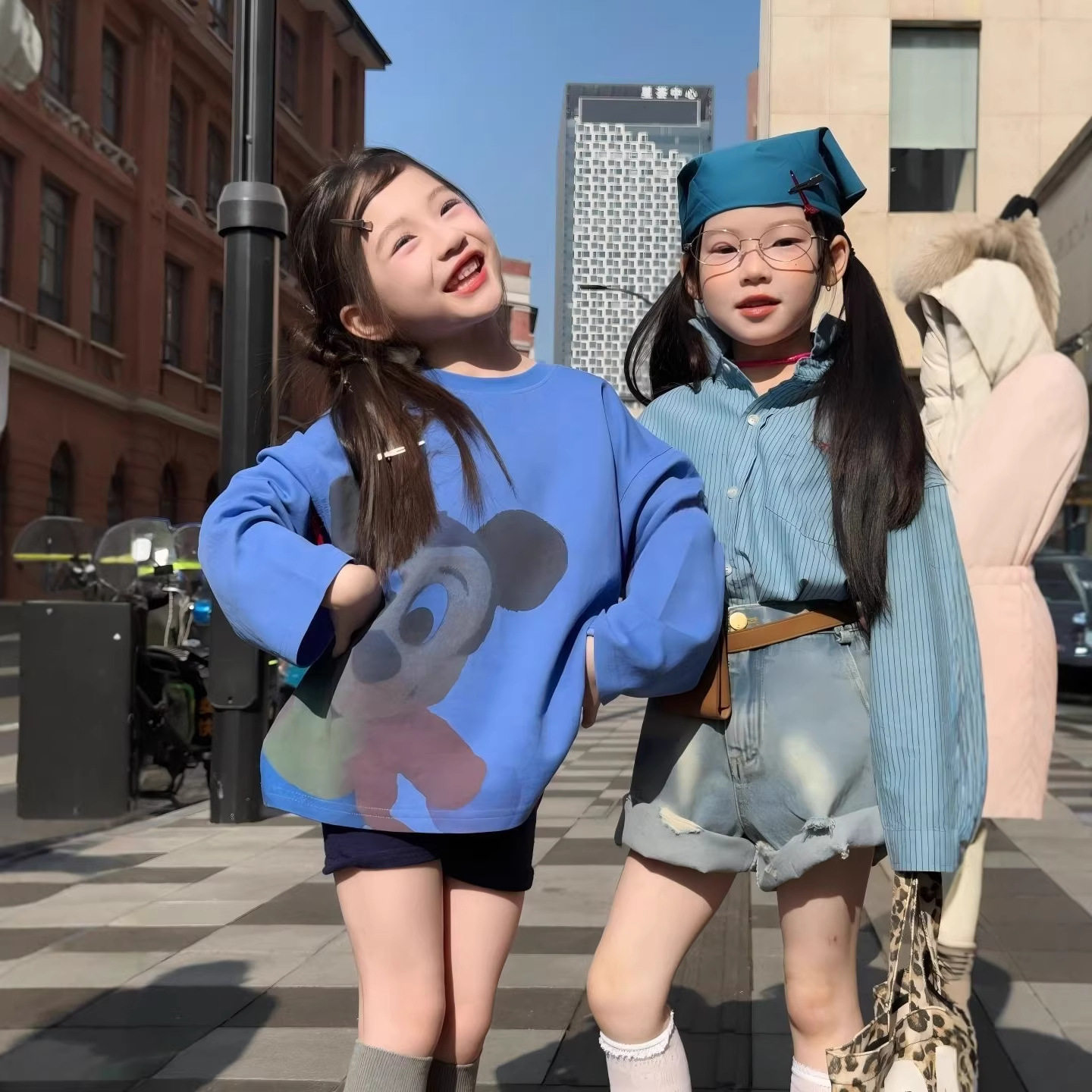 韩国女童套装2026春夏季新款儿童ins卡通T恤条纹衬衣破洞牛仔短裤