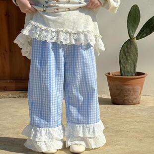 女孩子童裤宝宝春款童装女童韩系花边格子直筒裤儿童宽松阔腿长裤