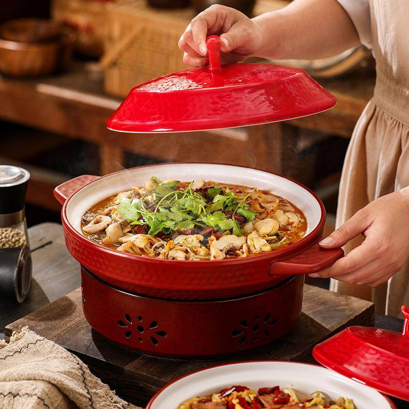 耐高温网红陶瓷干锅专用沙锅商用红色高级感煲创意酒店餐具砂锅煲