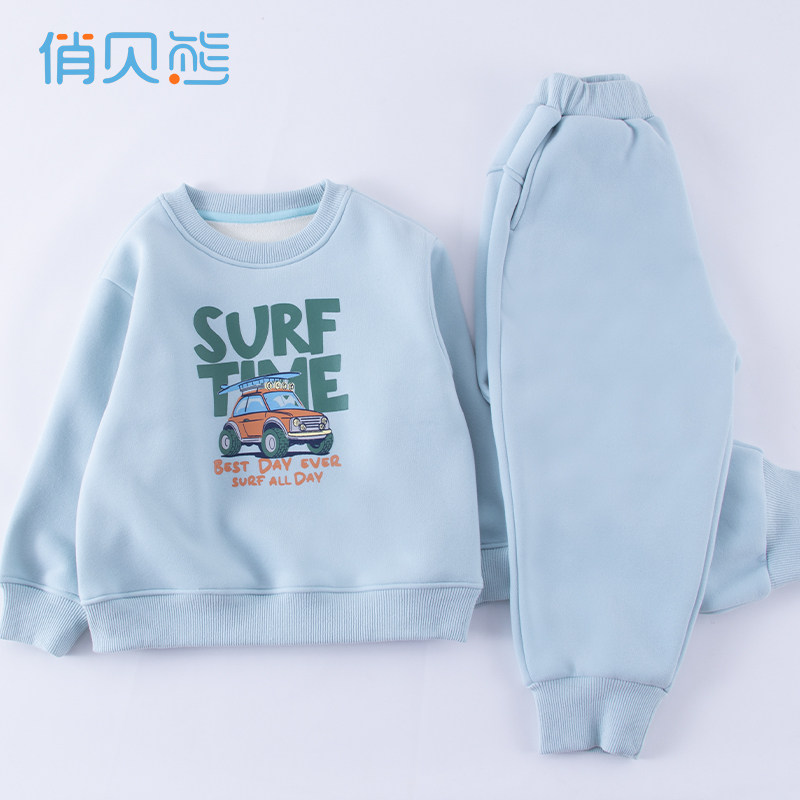 男童卫衣加厚奥粒绒秋冬款儿童运动裤女童宝宝上衣卫裤加绒套装