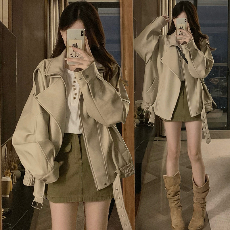 实拍 秋冬复古重工PU皮衣外套女机车服廓形双层领夹克情侣款上衣