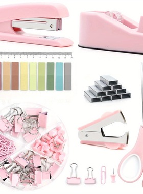 Pink desktop office set, stapler scissors set办公套装订书机
