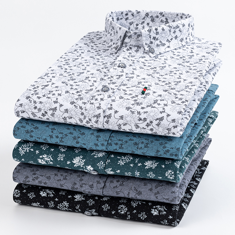 保罗春季印花全棉衬衫男士长袖中青年休闲时尚纯棉碎花衬衣加大码