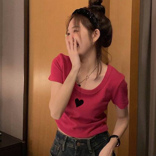 夏季正肩火龙果色u领T恤女短袖2026新款设计感小众法式甜辣0520z