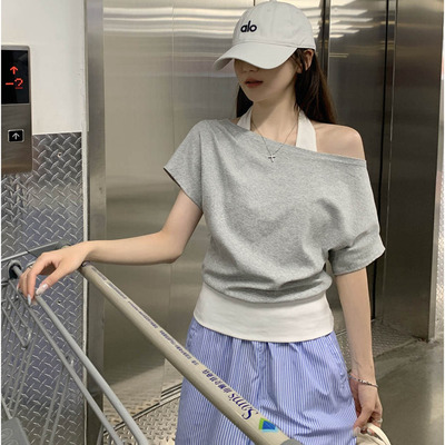 夏季撞色挂脖宽松短袖T恤女2026新款韩版气质假两件设计百搭0520z
