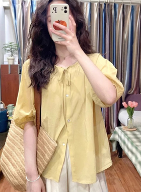 黄色正肩显瘦衬衫女短袖夏季小个子衬衣法式娃娃衫灯笼袖上0523r