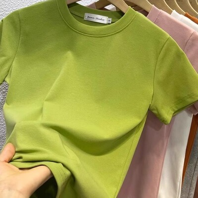 夏季正肩圆领绿色短袖t恤女2026新款修身气质洋派显瘦内搭上0520z