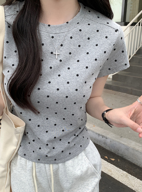 夏季波点灰色正肩短袖t恤女2026新款小个子体恤短款上衣潮0519z