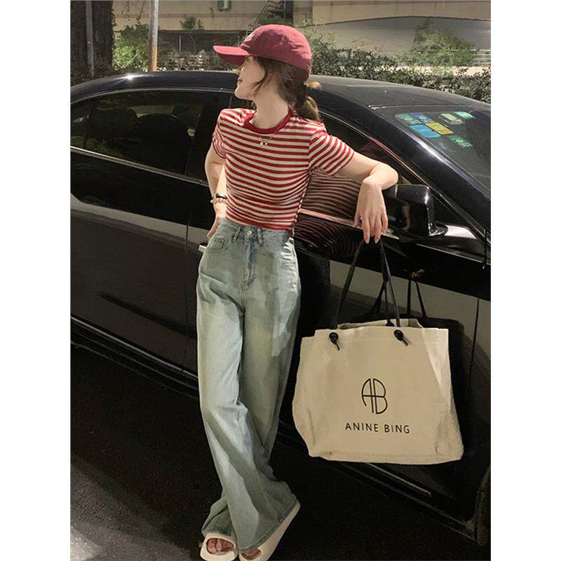 夏季设计感复古修身正肩条纹短袖T恤女ins小众港味chic红色0602z