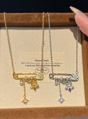 拉丝鸢尾花星芒珍珠别针项链女轻奢小众高级感设计吊坠配饰锁骨链