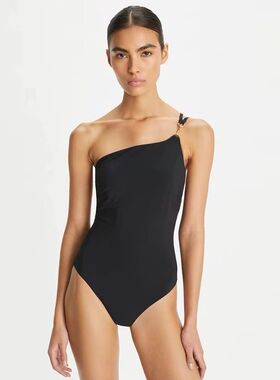 秦岚花儿与少年同款黑色游泳衣连体单肩遮肉显瘦性感小胸泡温泉夏