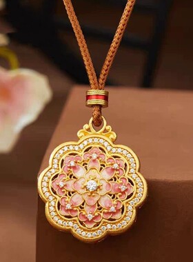 金色描金珐琅彩镶钻颐莲牡丹花长款毛衣链项链女吊坠配饰女士饰品