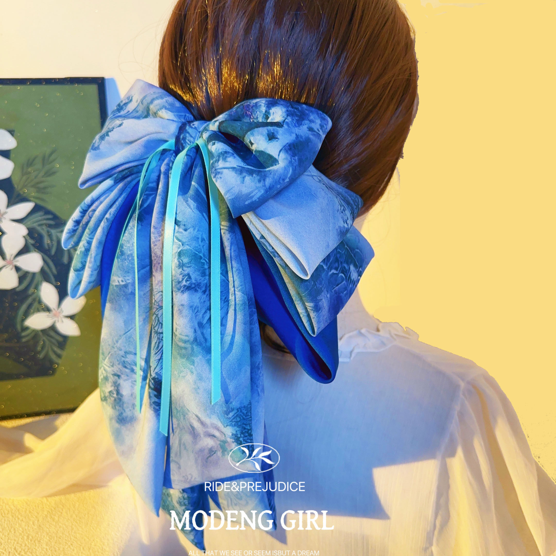 【幽蓝幻境】清冷风织带飘带六层蝴蝶结丸子头抓夹马尾夹原创设计