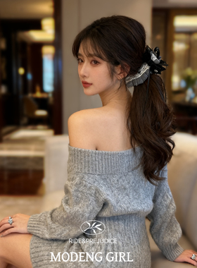 法式格蕾系灰色丝绒蝴蝶结蕾丝香蕉夹后脑勺盘发抓夹发饰温柔竖夹
