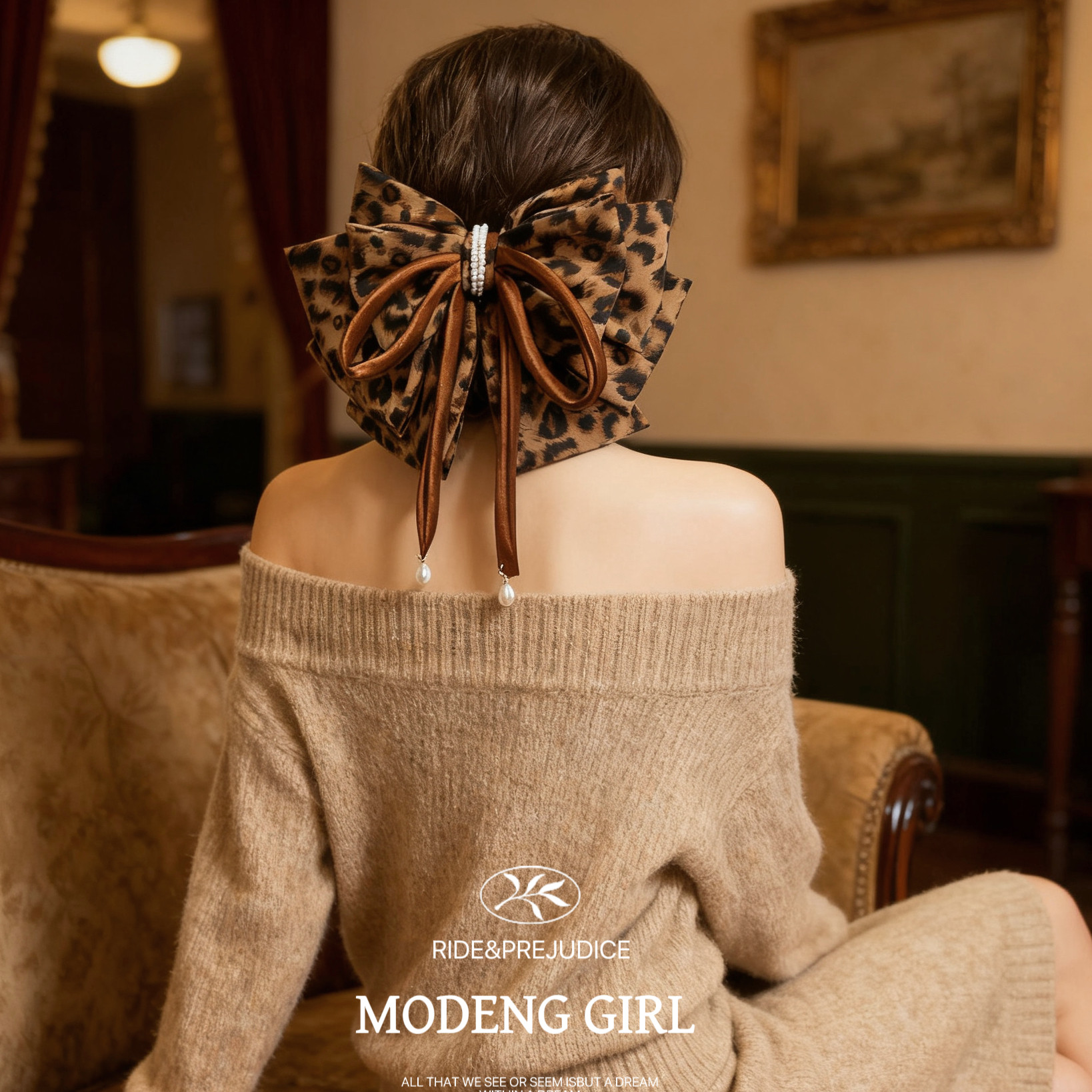 【野心家】甜酷风~复古豹纹珍珠织带蝴蝶结弹簧夹后脑勺发饰
