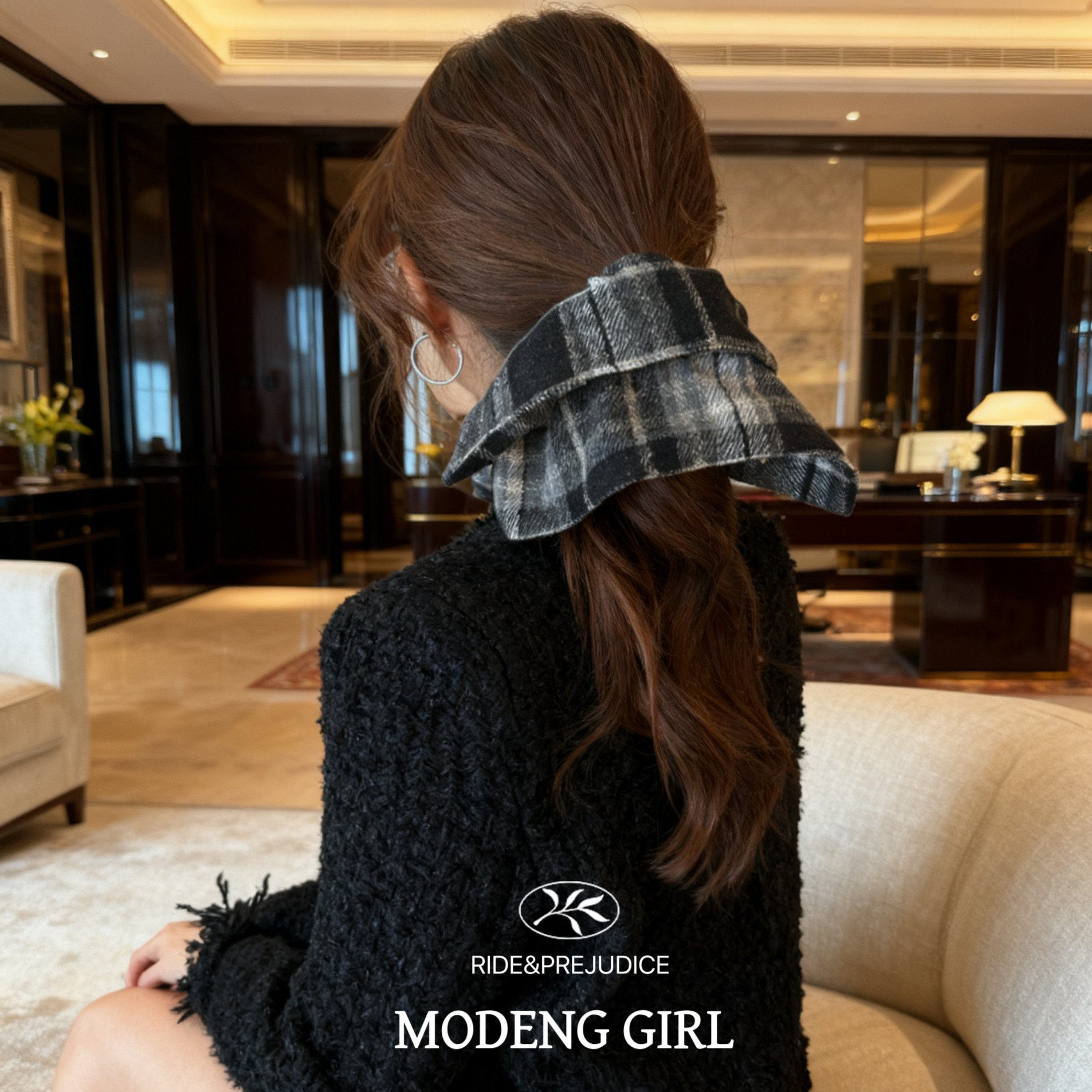 复古格子方巾秋冬毛呢格纹大肠发圈学院风方形扎头绳气质百搭发绳