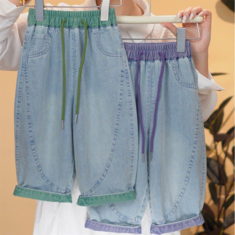 夏季牛仔裤100棉凉感超薄新款男女童韩版宽松拼接撞色牛仔裤