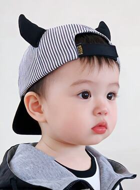 婴儿帽子薄款超萌条纹牛角鸭舌帽男童女童软檐防晒遮阳棒球帽