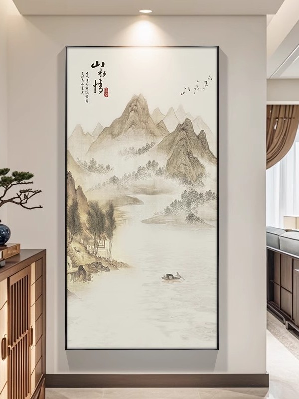 山水画，入口大厅装饰画，新中国风大厅走廊走廊挂画，垂直茶室壁