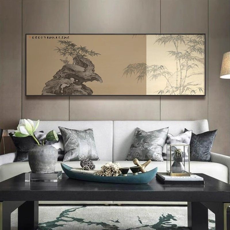 新中式客厅沙发背景墙装饰画中国风水墨茶室壁画竹石图民宿挂画
