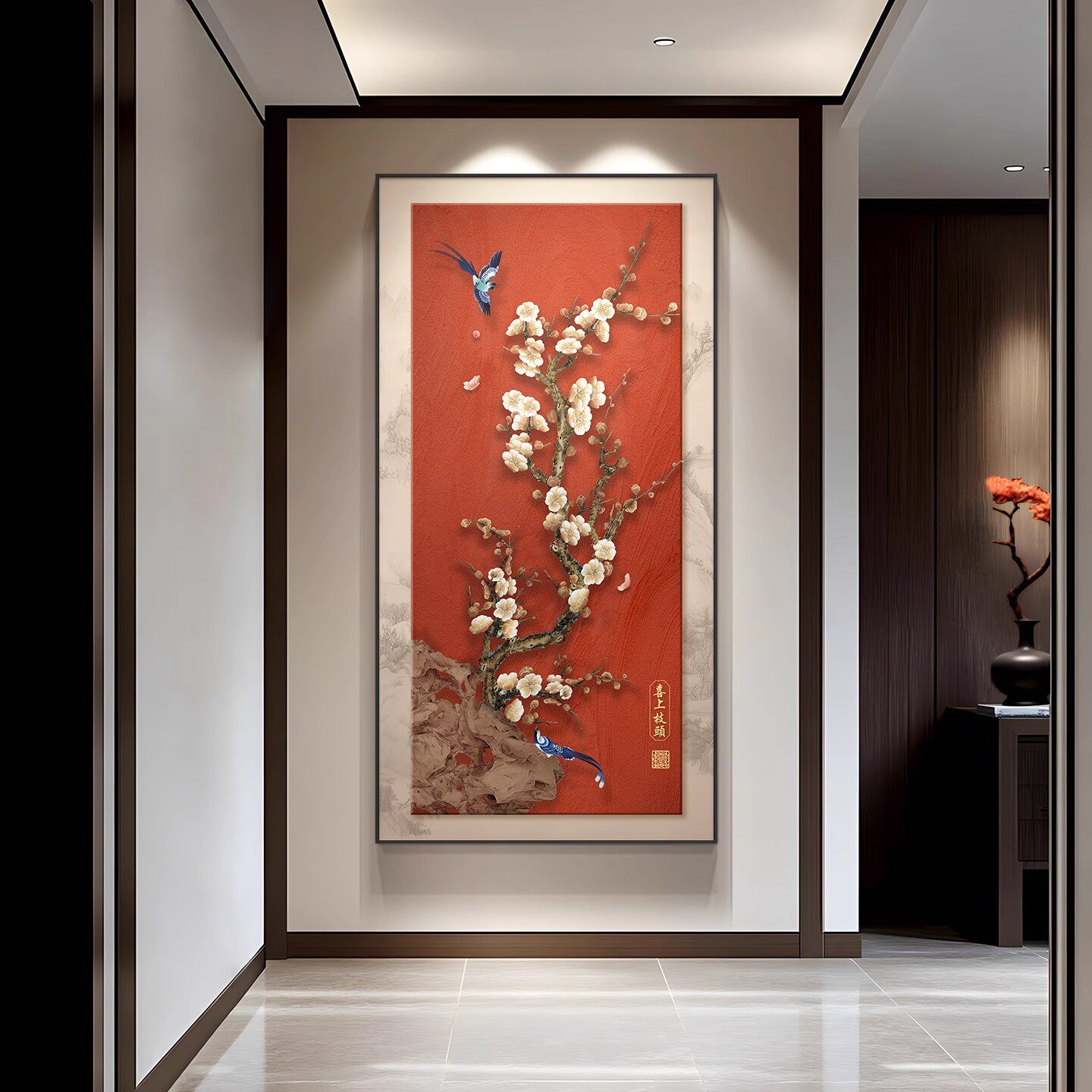 喜上枝头玄关装饰画入户正对门走廊尽头挂画寓意好新中式西墙壁画