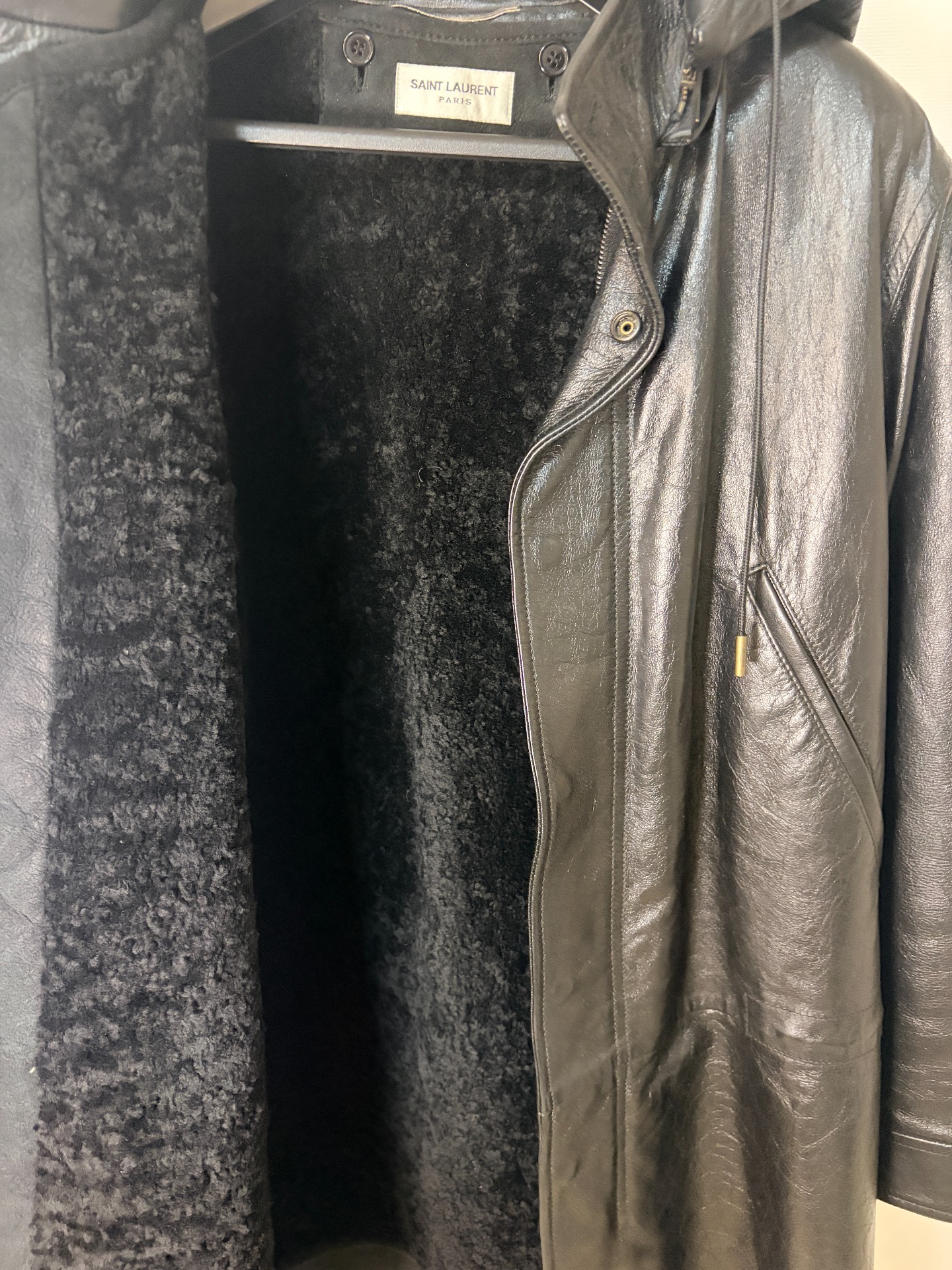 Saint Laurent Leather Trench Coat with Hood — detail