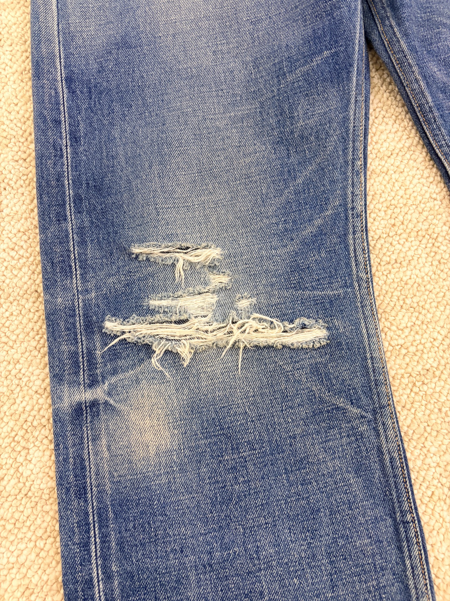 Celine Straight-Leg Knee-Cut Distressed Jeans — detail