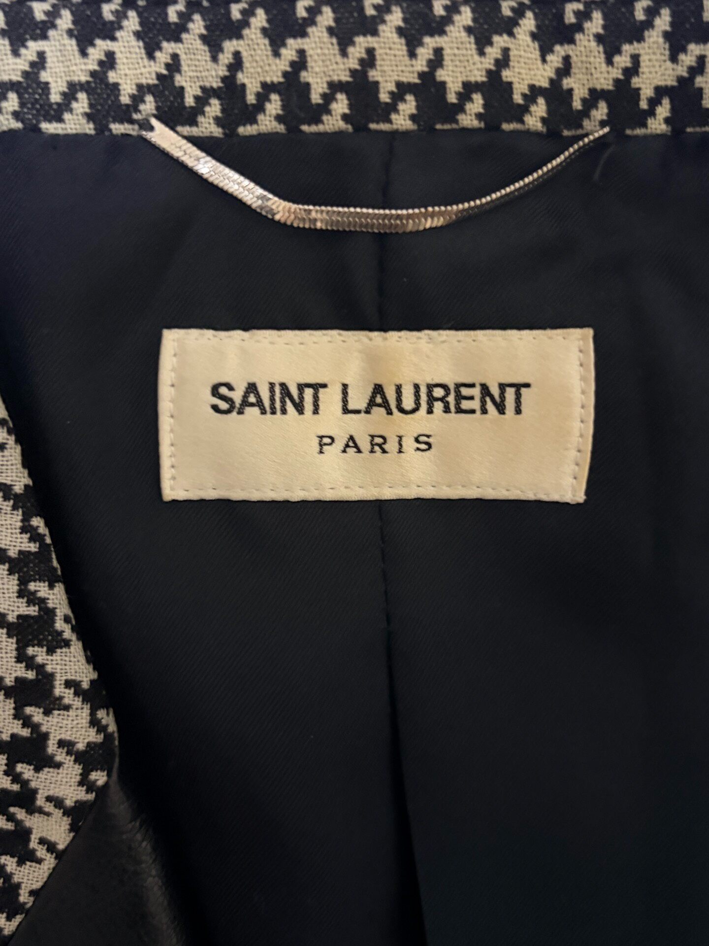 Saint Laurent Houndstooth Leather Collar Smoking Blazer — label