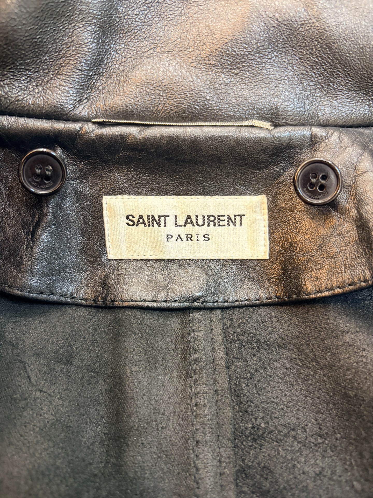 Saint Laurent Leather Trench Coat with Hood — label